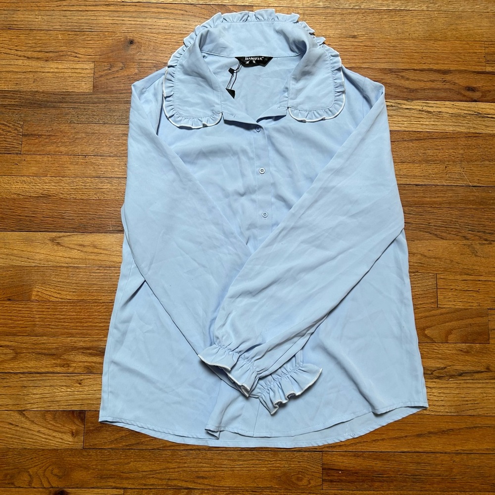 Allegra K Sky Blue Blouse with Ruffled Collar